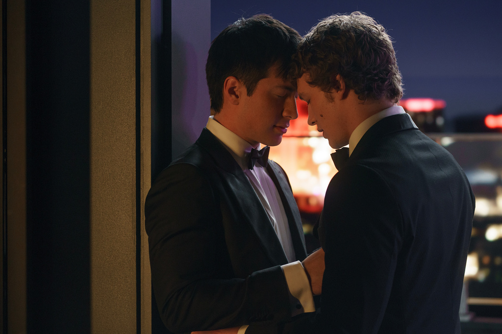 This image released by Crave shows Hudson Williams, left, and Connor Storrie in a scene from "Heated Rivalry." (Crave via AP)
