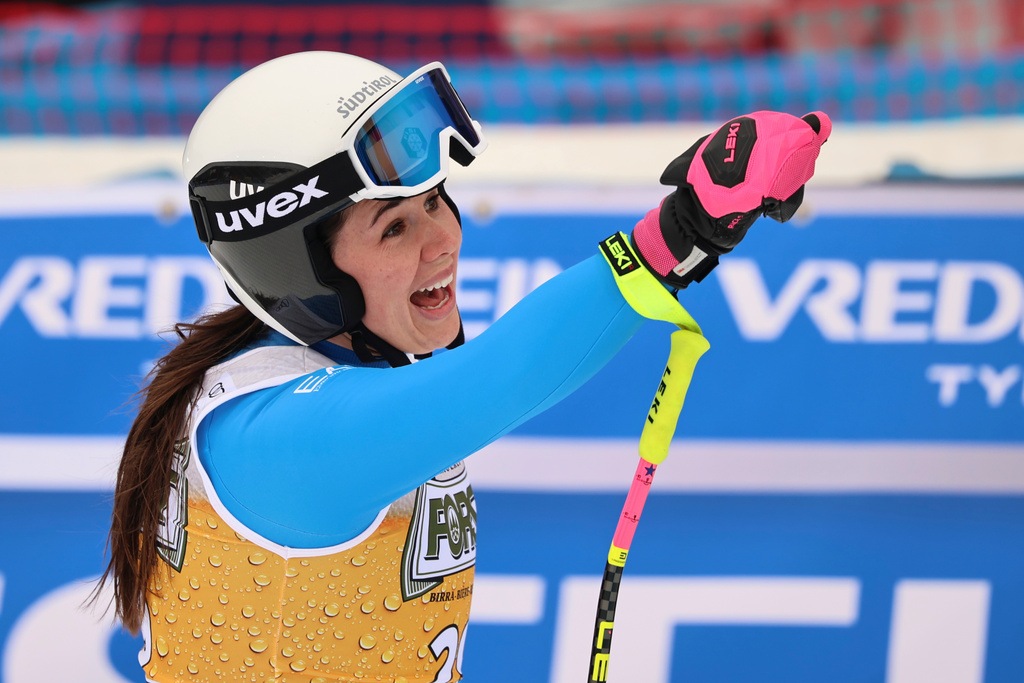 Italy's Nadia Delago celebrates at the finish area of an alpine ski, women's World Cup downhill, in Tarvisio, Italy, Saturday, Jan. 17, 2026. (AP Photo/Marco Trovati)