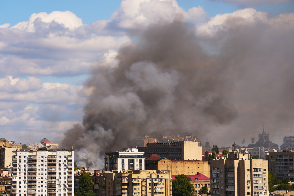 Smoke raises after a Russian drone attack in downtown Kyiv, Wednesday, Sept. 2, 2026. (AP Photo/Francisco Seco)