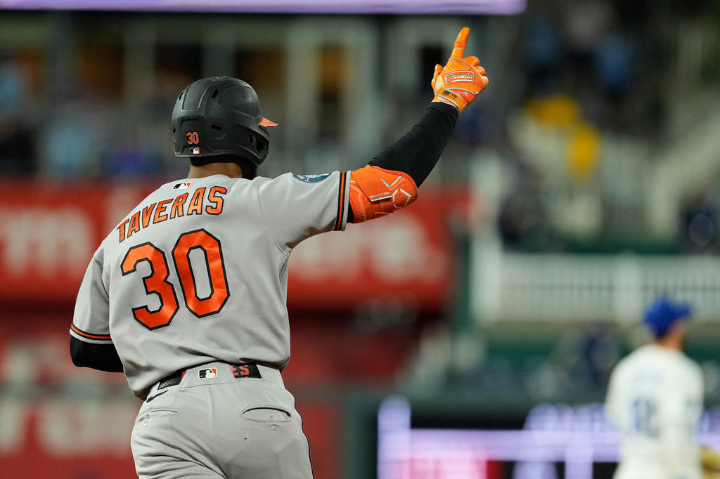 Baltimore Orioles' Leody Taveras celebrates after hitting a grand slam during the 12th inning of a baseball game against the Kansas City Royals, Monday, April 20, 2026, in Kansas City, Mo. (AP Photo/Charlie Riedel)