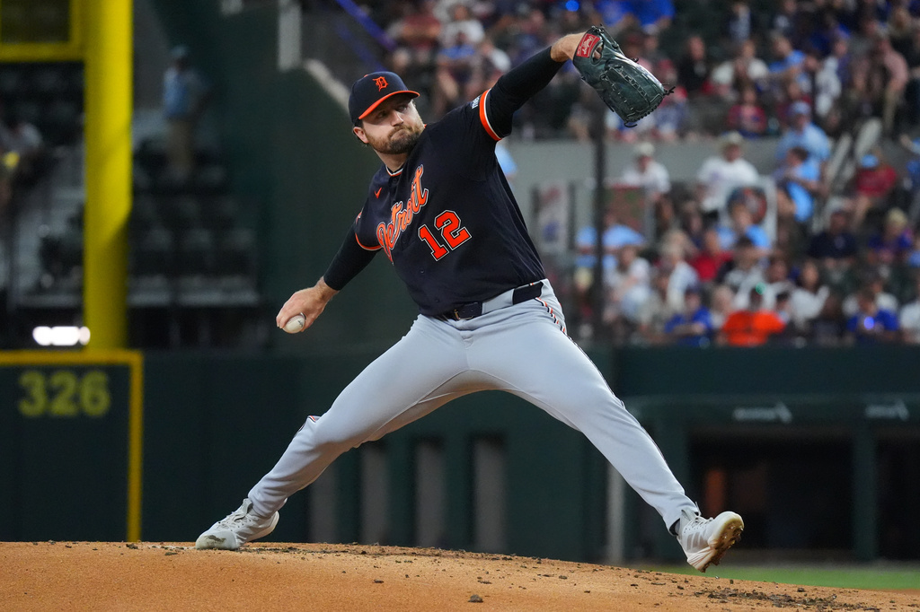 Detroit Tigers starting pitcher Casey Mize throws during the first inning of a baseball game against the Texas Rangers, Sunday, July 5, 2026, in Arlington, Texas. (AP Photo/LM Otero)