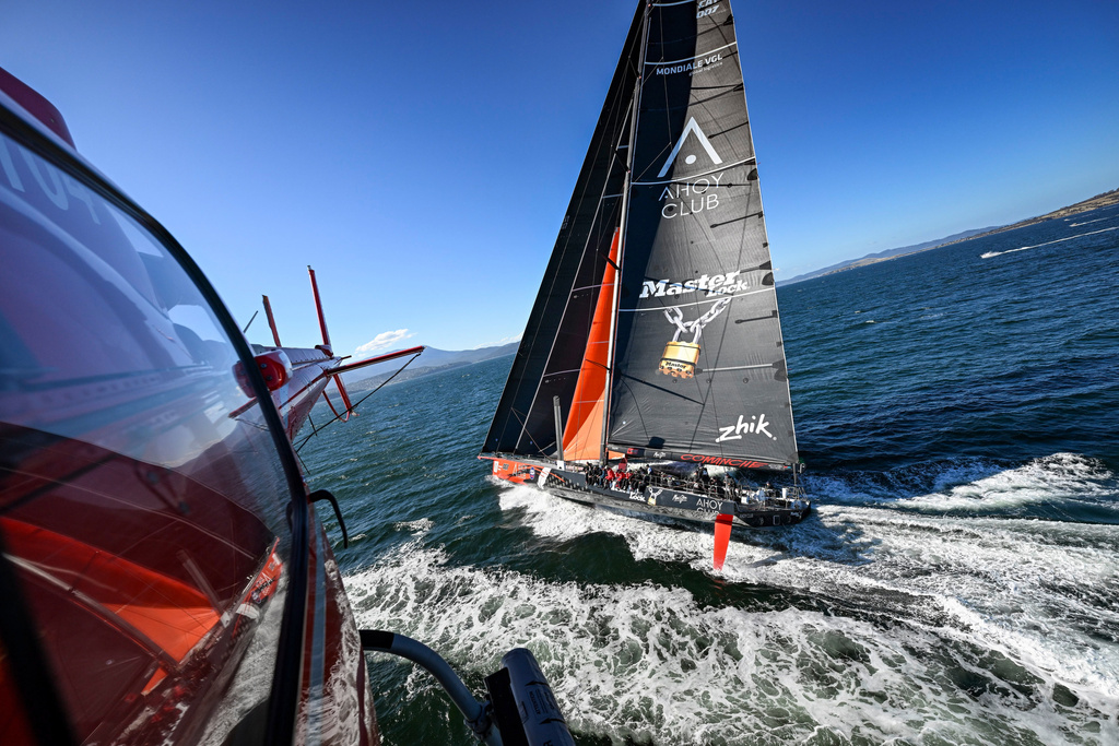 In this photo provided by the Cruising Yacht Club of Australia, Comanche crosses the finish line in Hobart, Australia, Sunday, Dec. 28, 2025, to claim line honors in the Sydney Hobart yacht race. (Kurt Arrigo/CYCA via AP)