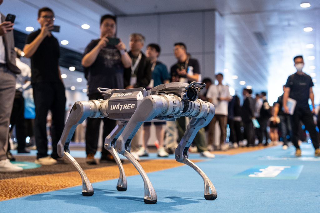 A robot dog showcased at an exhibition in Hong Kong on Monday, April 13, 2026. (AP Photo/ Chan Long Hei)