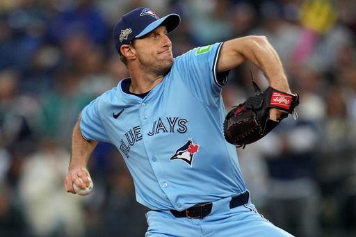 Toronto Blue Jays pitcher Max Scherzer throws against the Seattle Mariners during the first inning in Game 4 of baseball's American League Championship Series, Thursday, Oct. 16, 2025, in Seattle. (AP Photo/Abbie Parr) Toronto Blue Jays pitcher Max Scherzer throws against the Seattle Mariners during the first inning in Game 4 of baseball's American League Championship Series, Thursday, Oct. 16, 2025, in Seattle. (AP Photo/Abbie Parr)