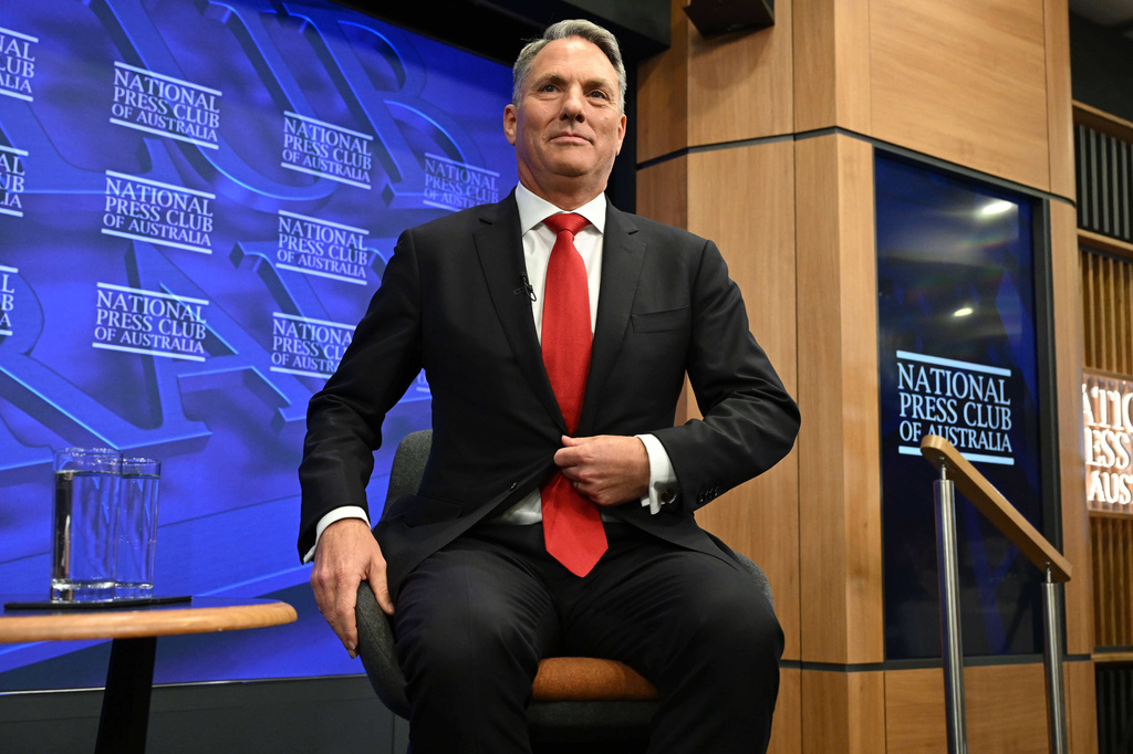 Australian Defence Minister Richard Marles prepares to address the National Press Club in Canberra, Thursday, April 16, 2026. (Lukas Coch/AAP Image via AP)