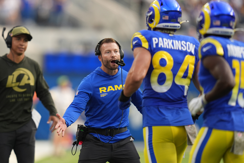 Los Angeles Rams head coach Sean McVay celebrates a touchdown against the New Orleans Saints in the first half of an NFL football game Sunday, Nov. 2, 2025, in Inglewood, Calif. (AP Photo/Gregory Bull)