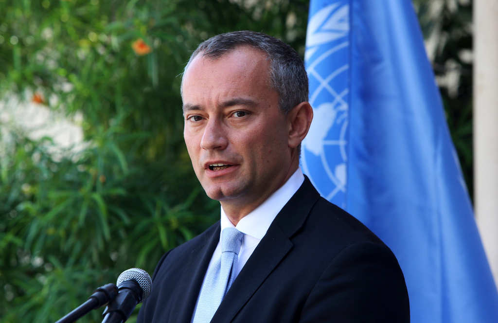 FILE - In this Sept. 25, 2017 file photo, the U.N. special envoy for the Middle East Peace Process Nickolay Mladenov, attends a press conference at the (UNSCO) offices in Gaza City. (AP Photo/Adel Hana, File)