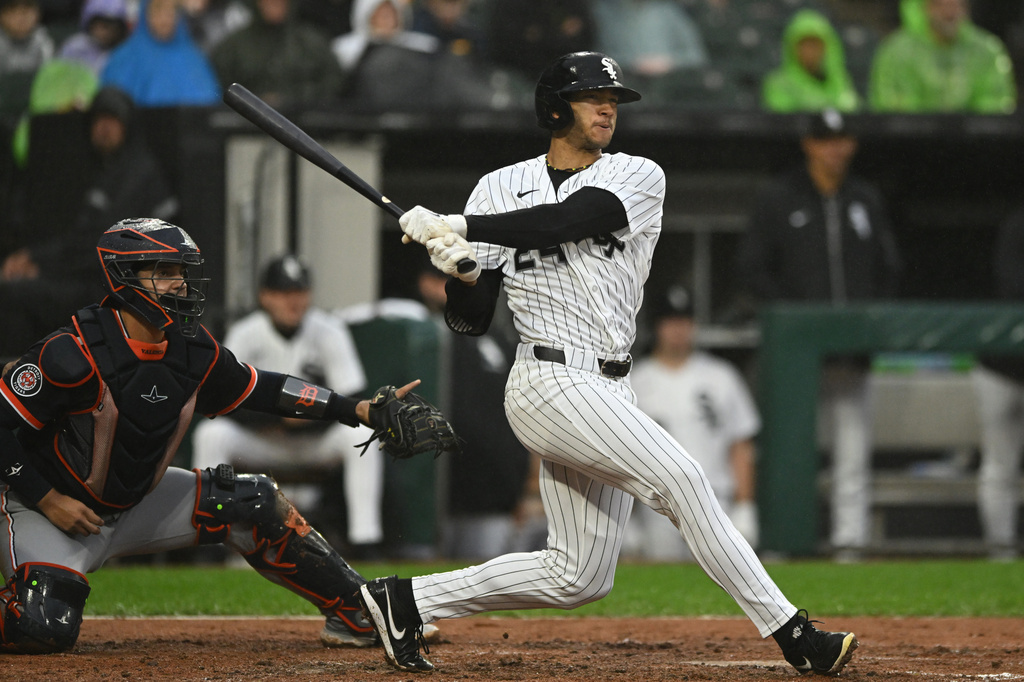 Chicago White Sox's Braden Montgomery watches his RBI single during the second inning of a baseball game against the Detroit Tigers, Sunday, Sept. 20, 2026, in Chicago. (AP Photo/Paul Beaty)