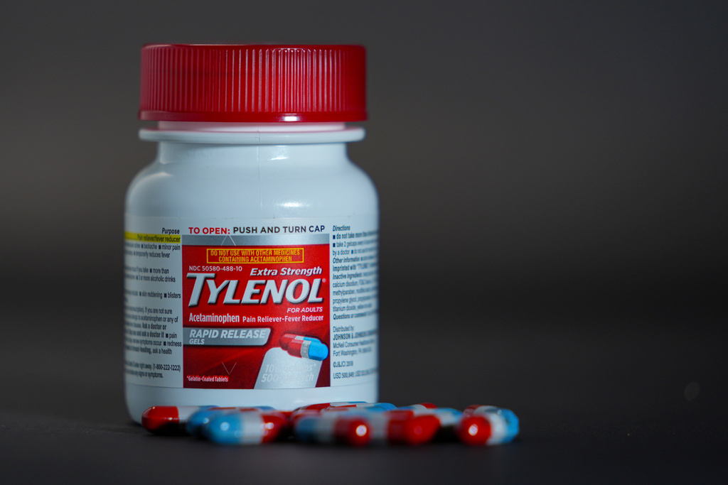 Extra Strength Tylenol is shown in Carmel, Ind., Tuesday, Sept. 23, 2025. (AP Photo/Michael Conroy)