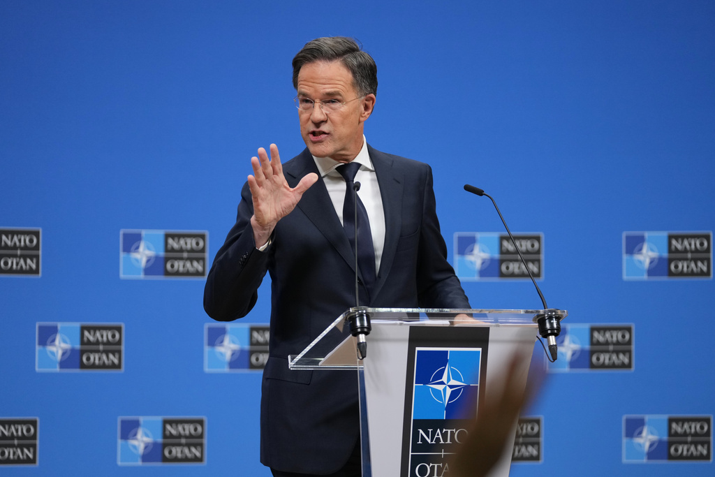 NATO Secretary General Mark Rutte speaks during a pre-ministerial media conference at NATO headquarters in Brussels, Tuesday, Dec. 2, 2025. (AP Photo/Virginia Mayo)
