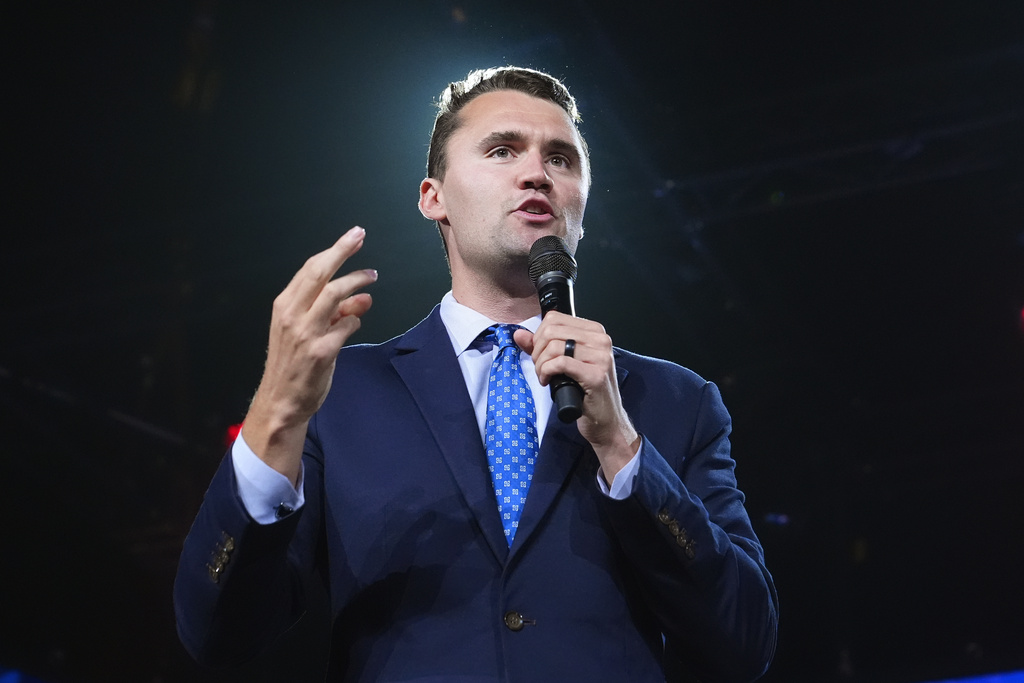 FILE - Turning Point USA Founder Charlie Kirk speaks at a Turning Point event prior to Republican vice presidential nominee Sen. JD Vance, R-Ohio, speaking, Sept. 4, 2024, in Mesa, Ariz. (AP Photo/Ross D. Franklin, File)