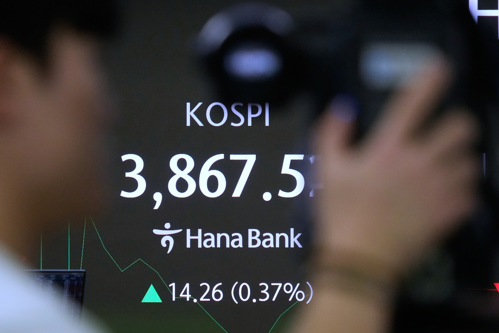 A TV camera man stands near a screen showing the Korea Composite Stock Price Index (KOSPI) at the foreign exchange dealing room of the Hana Bank headquarters in Seoul, South Korea, Monday, Nov. 24, 2025. (AP Photo/Ahn Young-joon)