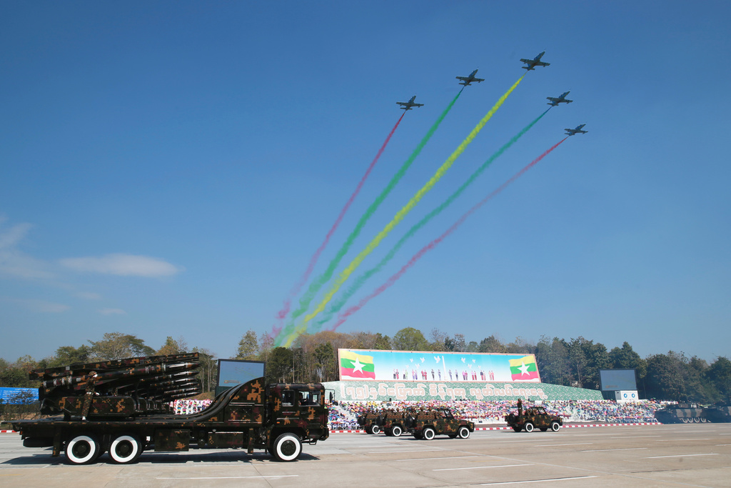 FILE Myanmar's military tanks are driven while military fighter planes fly over during a ceremony marking Myanmar's 75th anniversary of Independence Day in Naypyitaw, Myanmar, on Jan. 4, 2023. (AP Photo/Aung Shine Oo, File)
