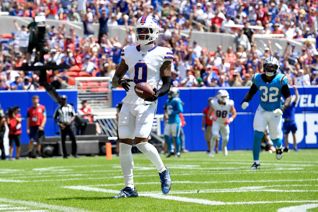 Buffalo Bills wide receiver Keon Coleman celebrates after catching a touchdown pass during the first half of a preseason NFL football game against the Carolina Panthers, Saturday, Aug. 15, 2026, in Orchard Park, N.Y. (AP Photo/Adrian Kraus)