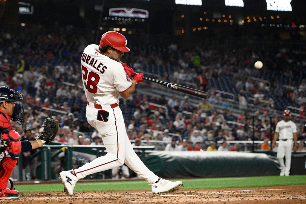 Washington Nationals' Yohandy Morales hits a home run during the third inning of a baseball game against the Atlanta Braves, Tuesday, Sept. 1, 2026, in Washington. (AP Photo/Nick Wass)