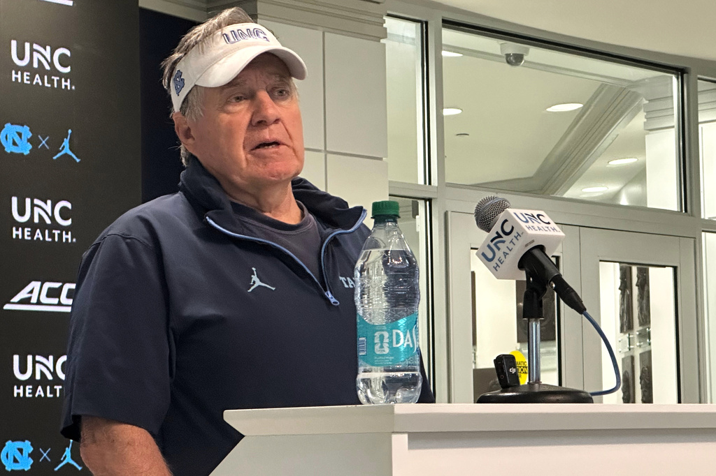 North Carolina coach Bill Belichick speaks at an NCAA college football news conference before preseason camp, Thursday, July 30, 2026, in Chapel Hill, N.C. (AP Photo/Aaron Beard)