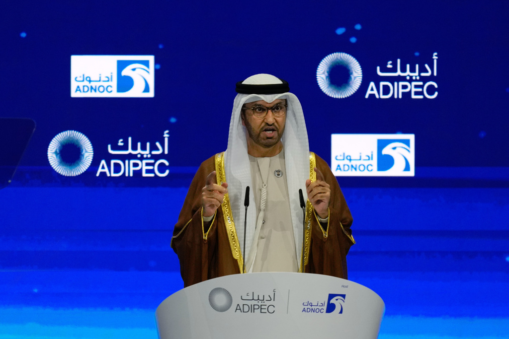 UAE Minister of Industry and Advanced Technology and Managing Director of state-run Abu Dhabi National Oil Co. (ADNOC) Sultan al-Jaber speaks during the inaugural session of annual Abu Dhabi International Petroleum Exhibition and Conference (ADIPEC) in Abu Dhabi, United Arab Emirates, Monday, Nov. 3, 2025. (AP Photo/Altaf Qadri)