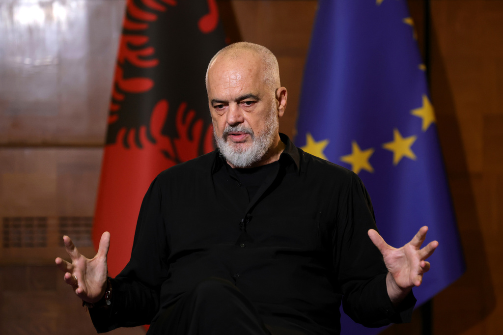 Albanian Prime Minister Edi Rama speaks during an interview with The Associated Press in Tirana, Albania, Tuesday, June 9, 2026. (AP Photo/Hameraldi Agolli)