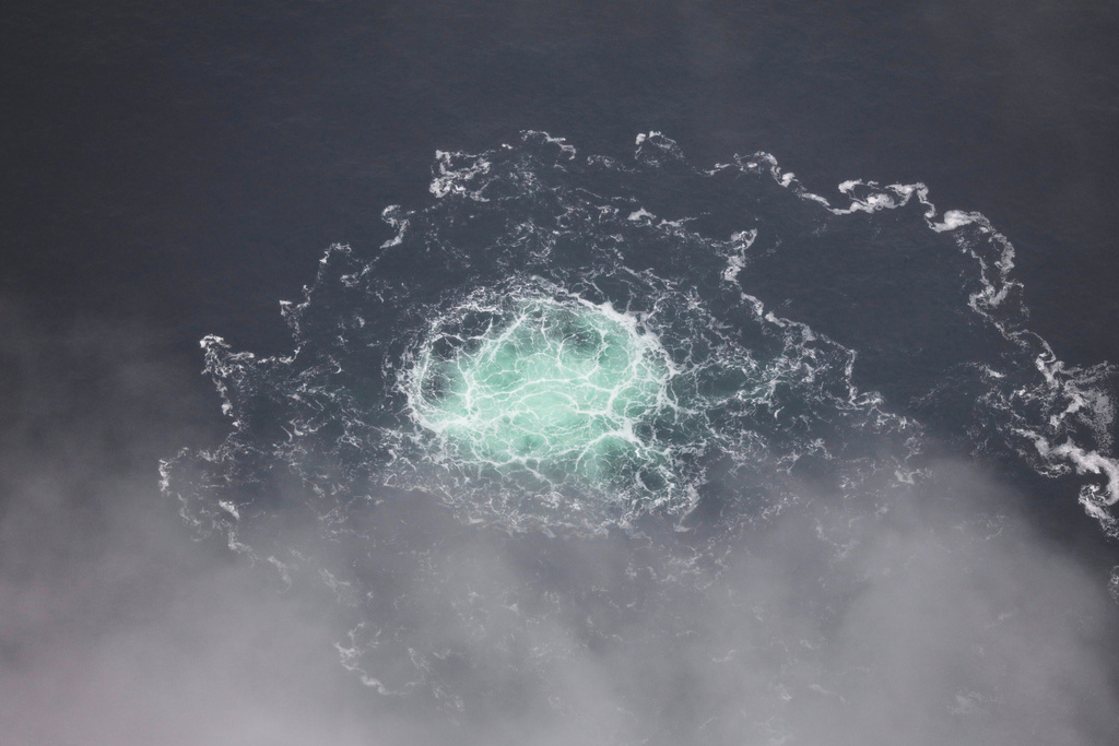 FILE - This photo provided by Swedish Coast Guard shows a leak from Nord Stream 2 on Sept. 28, 2022. (Swedish Coast Guard via AP, File)