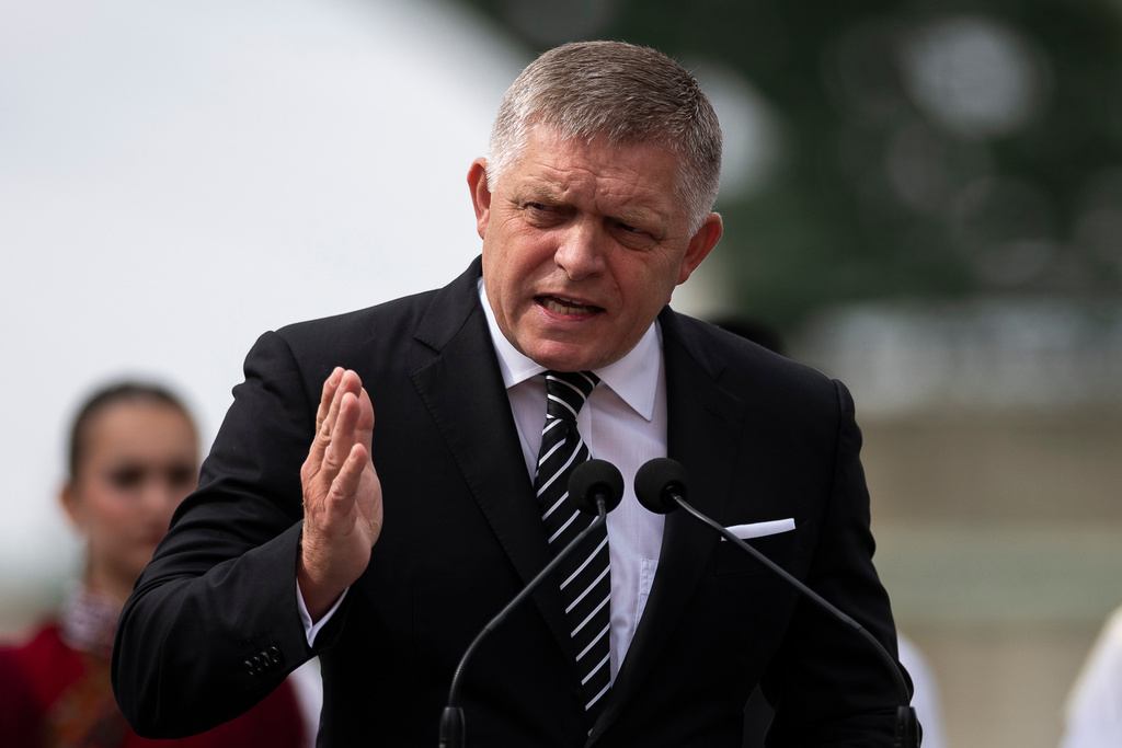 Slovakia's Prime Minister Robert Fico delivers his speech during the 130th anniversary celebration of Mária Valeria Bridge in Esztergom, Hungary, on Sunday, Sept. 28, 2025. (AP Photo/Denes Erdos)