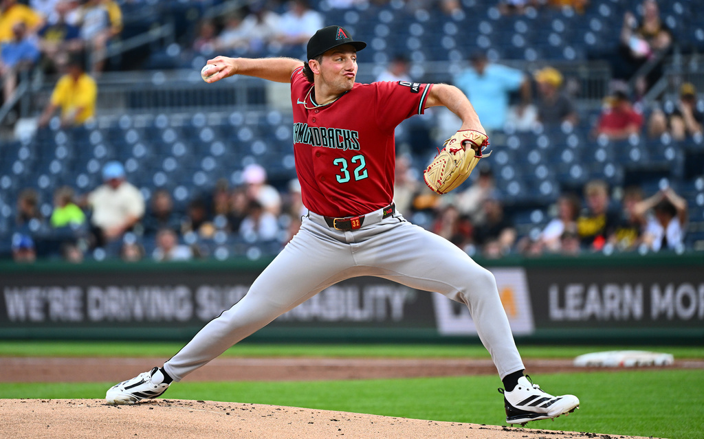 Arizona Diamondbacks pitcher Brandon Pfaadt delivers during the first inning of a baseball game against the Pittsburgh Pirates in Pittsburgh, Tuesday, July 28, 2026. (AP Photo/Justin Berl)