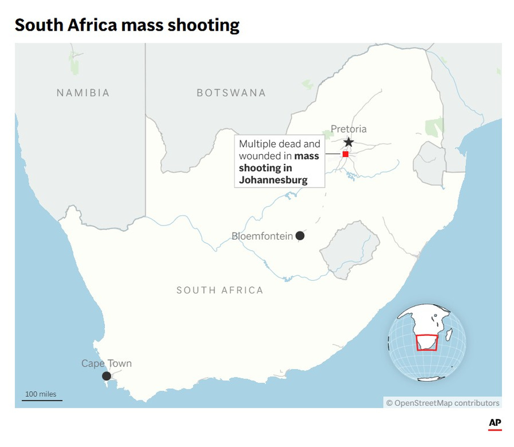 Map showing the mass shooting in Johannesburg, South Africa . (AP Digital Embed)