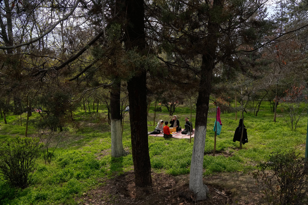A family enjoys their time during the annual public picnic day, known as Sizdeh Bedar, an ancient tradition, marking the 13th and last day of Iranian New Year, or Nowruz, holidays, at Mellat park in Tehran, Iran, Thursday, April 2, 2026. (AP Photo/Vahid Salemi)
