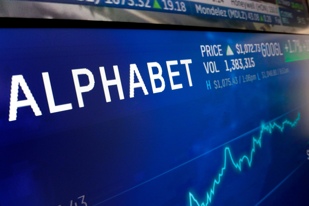 FILE - The logo for Alphabet appears on a screen at the Nasdaq MarketSite in New York, Feb. 14, 2018. (AP Photo/Richard Drew, File)