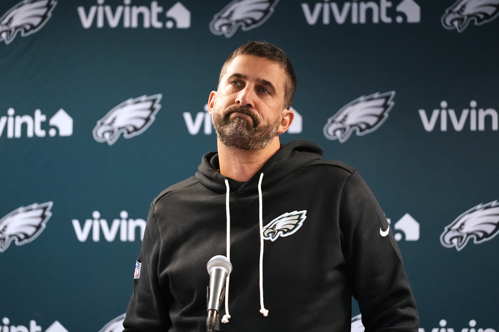 Philadelphia Eagles head coach Nick Sirianni responds to a question during a news conference after an NFL football game against the Chicago Bears in Chicago, Monday, Sept. 28, 2026. (AP Photo/David Banks)