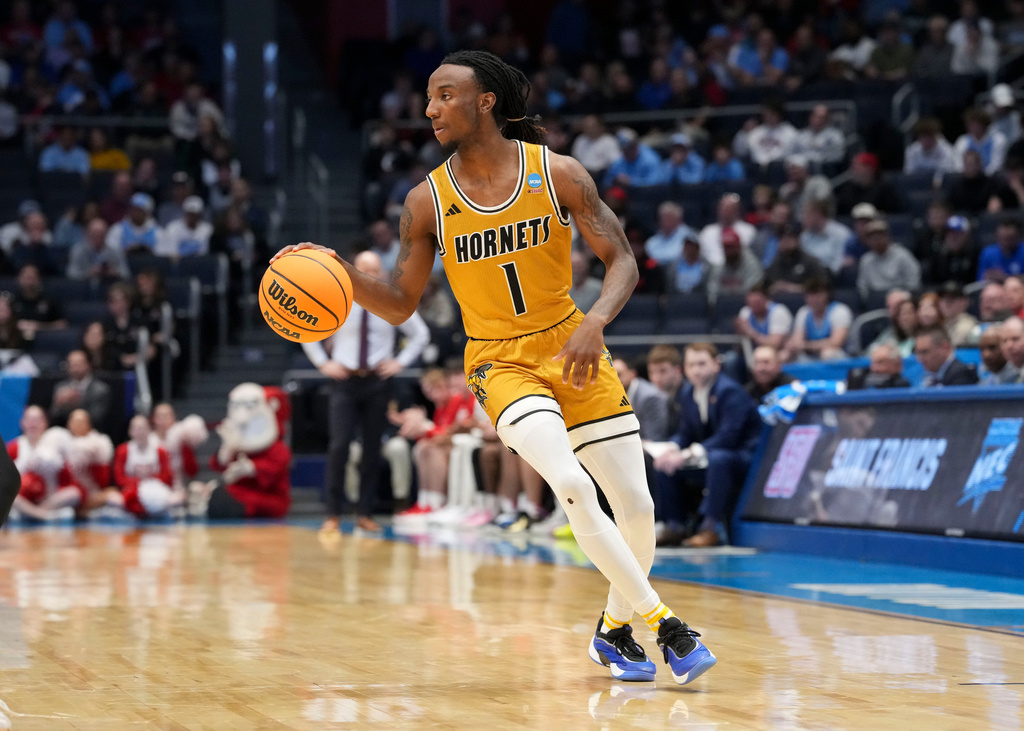 FILE - Alabama State guard Amarr Knox (1) dribbles during a First Four college basketball game against Saint Francis in the NCAA Tournament, Tuesday, March 18, 2025, in Dayton, Ohio. (AP Photo/Jeff Dean, File)