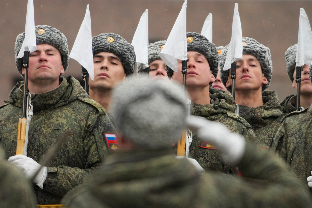 Troops attend a rehearsal for the Victory Day military parade at the Dvortsovaya (Palace) Square in St. Petersburg, Russia, Tuesday, April 28, 2026. (AP Photo/Dmitri Lovetsky)