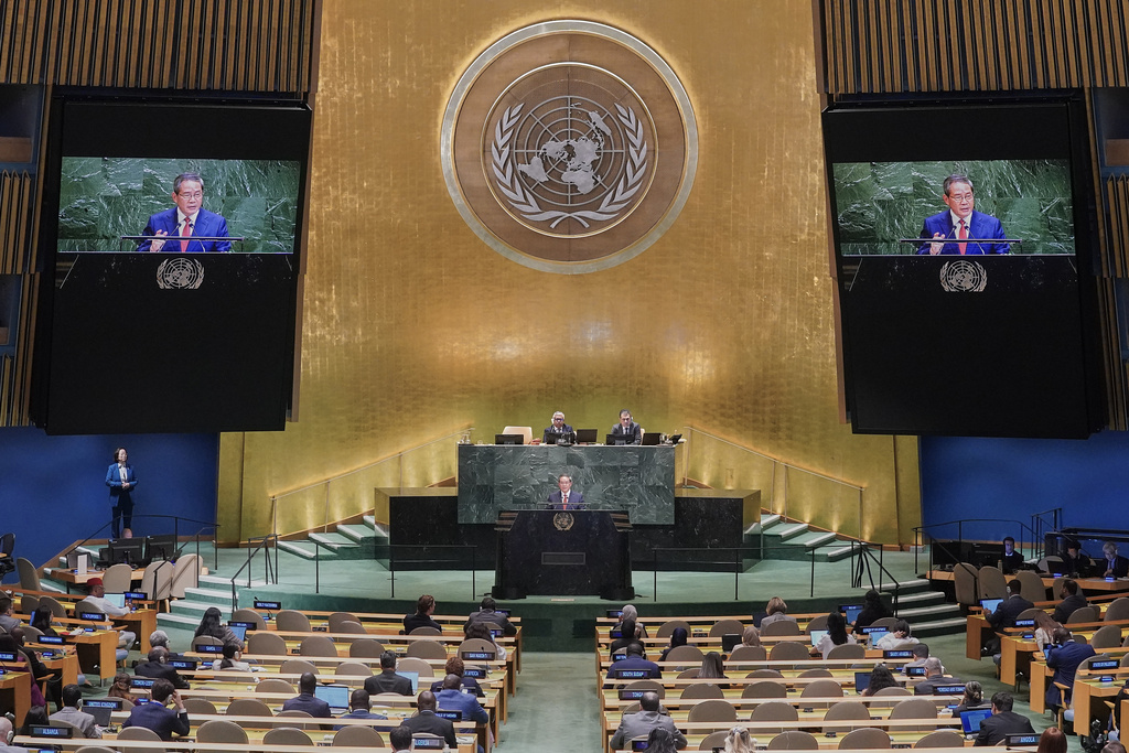 China Premier Li Qiang addresses the 80th session of the United Nations General Assembly, Friday, Sept. 26, 2025. (AP Photo/Richard Drew)