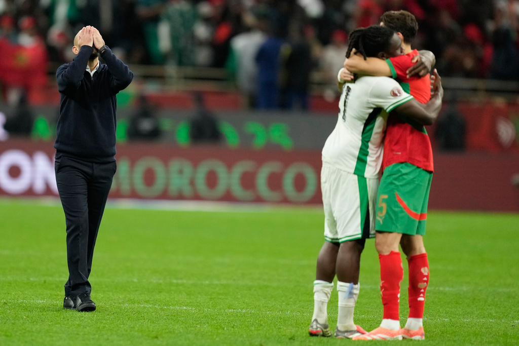 Morocco's head coach Walid Regragui reacts after winning the penalty shootout during the Africa Cup of Nations semi-final match between Nigeria and Morocco in Rabat, Morocco, Wednesday, Jan. 14, 2026. (AP Photo/Mosa'ab Elshamy)