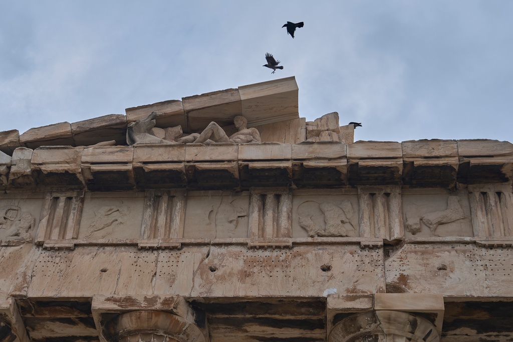 Birds fly over the 5th century B.C. Parthenon temple, in Athens, Friday, Oct. 31, 2025. (AP Photo/Petros Giannakouris)