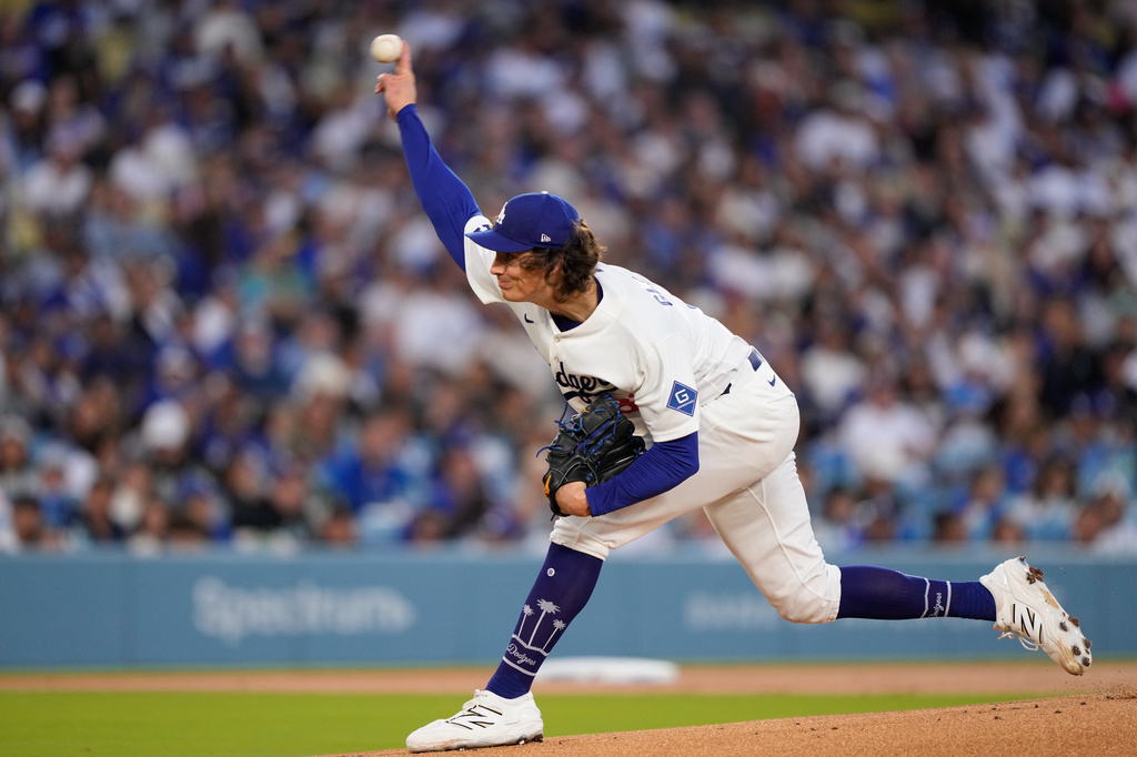Los Angeles Dodgers pitcher Tyler Glasnow throws to the plate during the first inning of a baseball game against the Texas Rangers, Friday, April 10, 2026, in Los Angeles. (AP Photo/Mark J. Terrill)