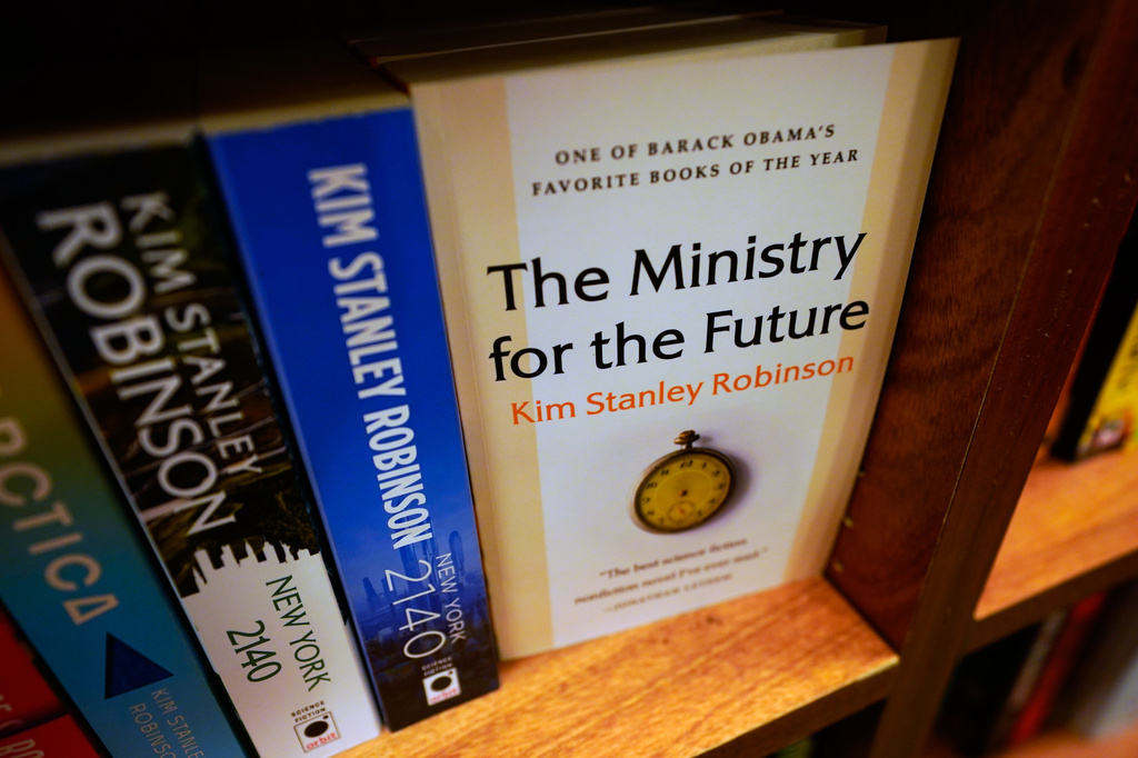 Kim Stanley Robinson's "The Ministry for the Future" sits on a shelf of a bookstore Monday, Sept. 14, 2026, in New York. (AP Photo/Alyssa Goodman)