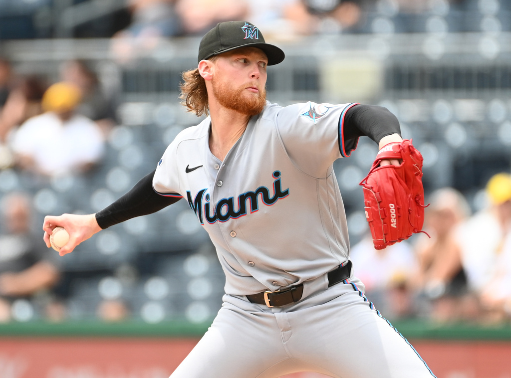 Miami Marlins starting pitcher Max Meyer (23) throws to the Pittsburgh Pirates during the first inning of a baseball game, Sunday, June 14, 2026, in Pittsburgh. (AP Photo/Philip G. Pavely)