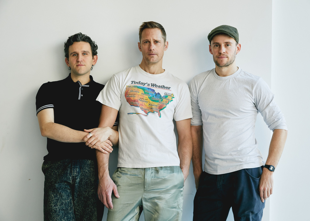 Harry Melling, from left, Alexander Skarsgård, and Harry Lighton pose for a portrait to promote their film "Pillion" on Monday, Feb. 2, 2026, in New York. (Photo by Taylor Jewell/Invision/AP)