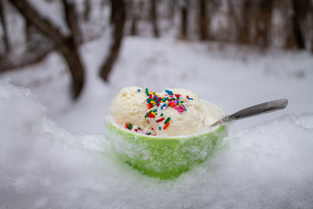 A dish of snow cream, made by mixing sweetened condensed milk with fresh snow, is seen Tuesday, Jan. 27, 2026, in Bow, N.H. (AP Photo/Holly Ramer)