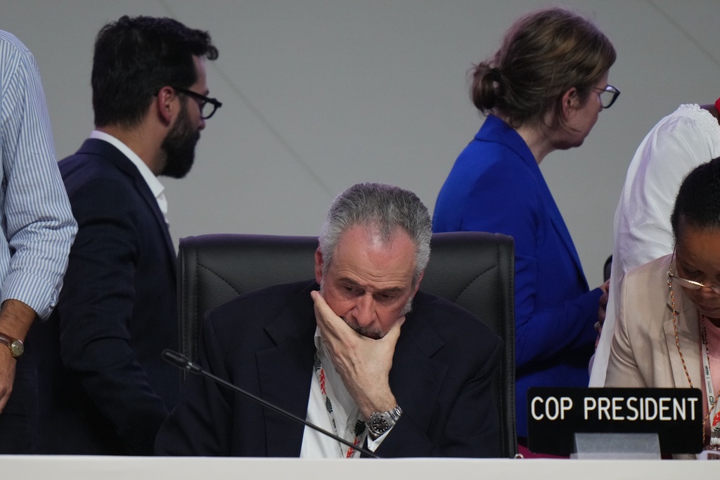 André Corrêa do Lago, COP30 president, sits before the start of a plenary session at the COP30 U.N. Climate Summit, Saturday, Nov. 22, 2025, in Belem, Brazil. (AP Photo/Fernando Llano)