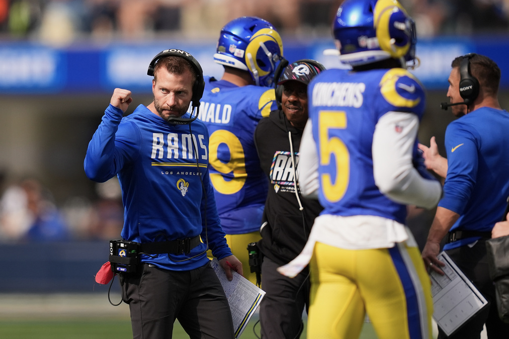 Los Angeles Rams head coach Sean McVay, left, gestures during the first half of an NFL football game against the Arizona Cardinals in Inglewood, Calif., Sunday, Oct. 18, 2026. (AP Photo/Gregory Bull)