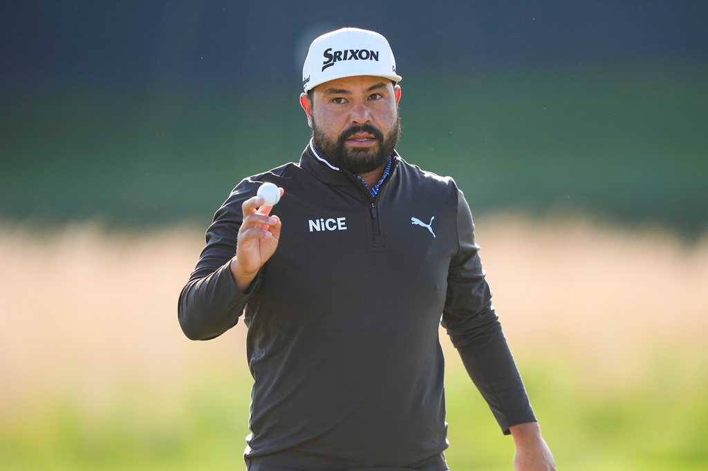 J.J. Spaun waves on the 10th hole during the second round of the PGA Championship golf tournament at Aronimink Golf Club, Friday, May 15, 2026, in Newtown Square, PA. (AP Photo/Matt Slocum)