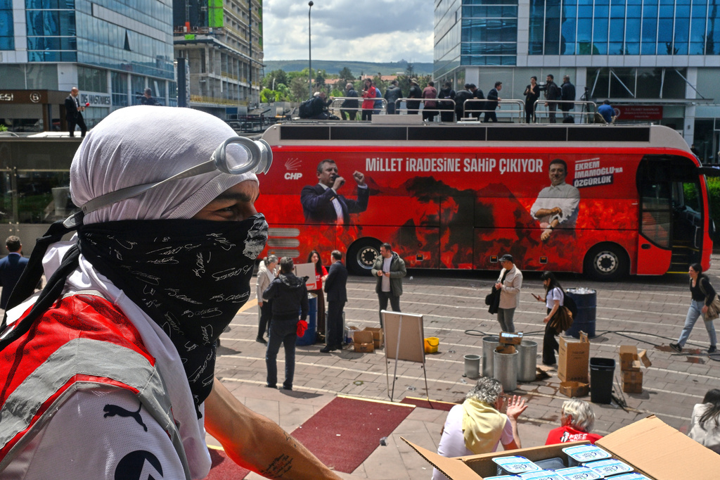 Supporters of Turkey's main opposition Republican People's Party (CHP) gather at the party's headquarters in Ankara, Sunday, May 24, 2026. (AP Photo/Ali Unal)