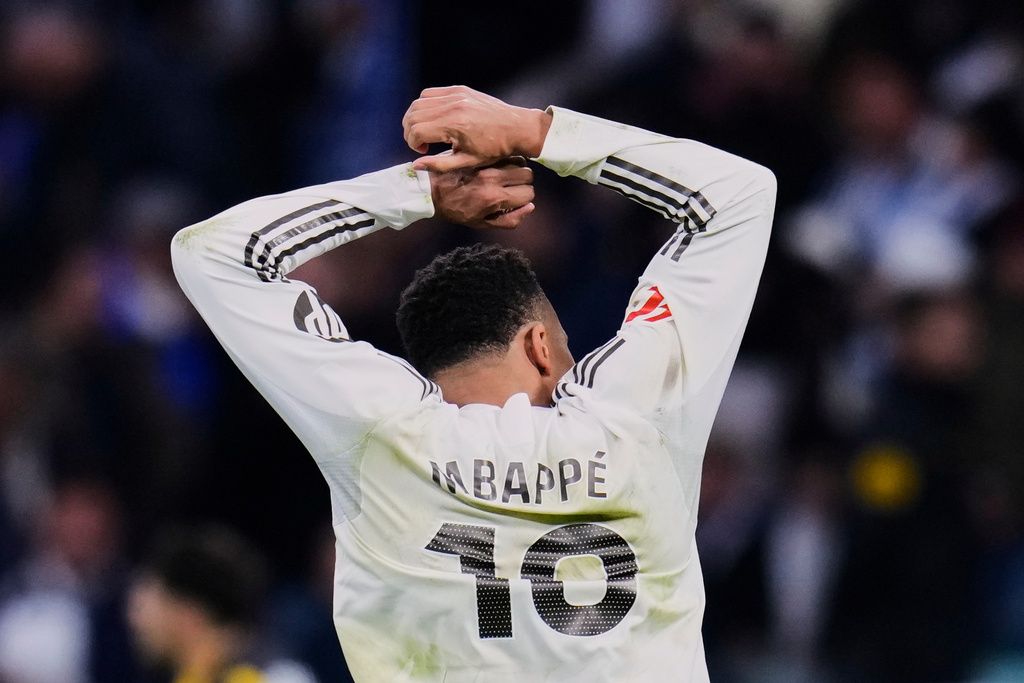 Real Madrid's Kylian Mbappe celebrates after scoring his side's second goal during the Spanish La Liga soccer match between Real Madrid and Rayo Vallecano in Madrid, Spain, Sunday, Feb. 1, 2026. (AP Photo/Manu Fernandez)