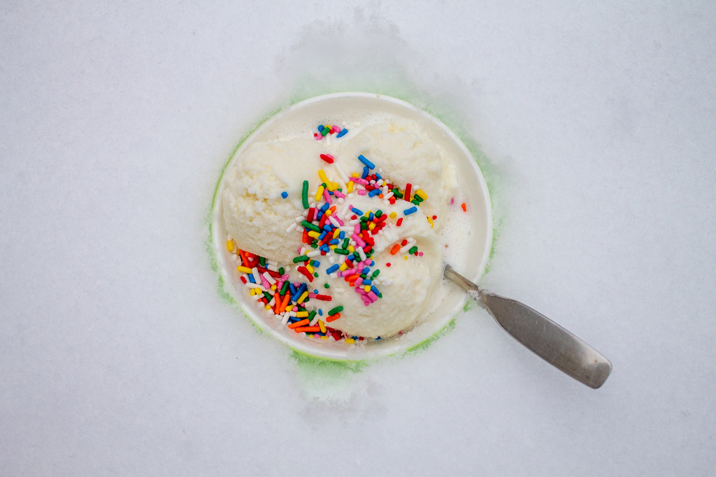 A dish of snow cream, made by mixing sweetened condensed milk with fresh snow, is seen Tuesday, Jan. 27, 2026, in Bow, N.H. (AP Photo/Holly Ramer)
