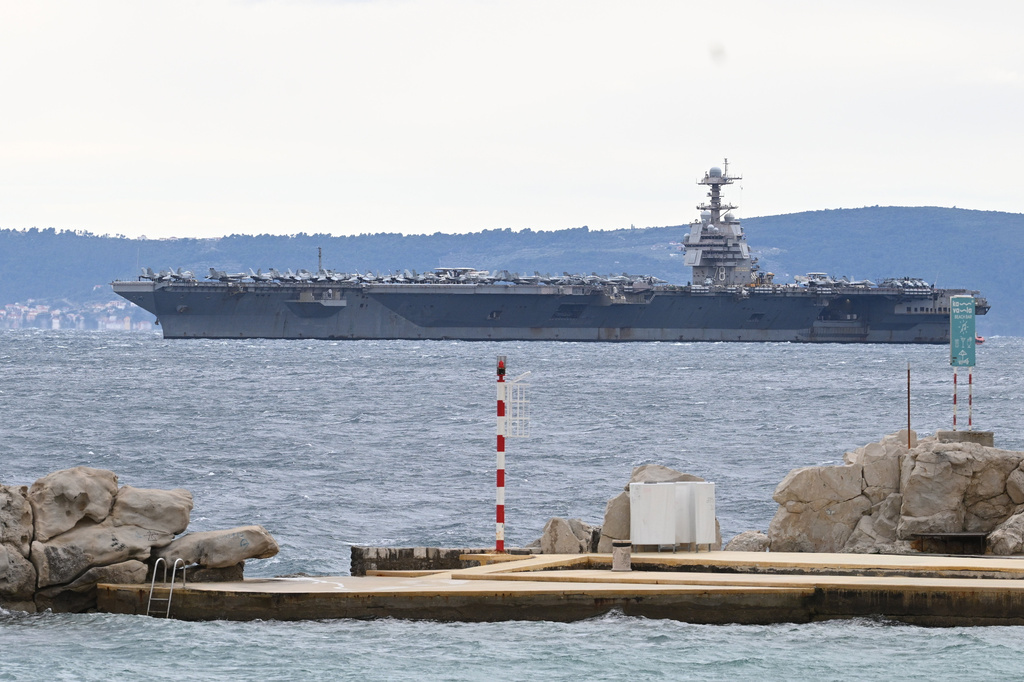 USS Gerald R. Ford arrives to the port of Split, Croatia, Saturday, March 28, 2026. (AP Photo/Tom Dubravec)
