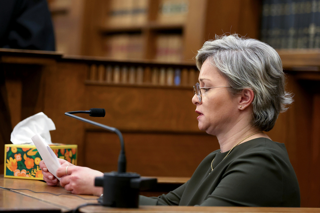 Aleksandra Dimitrijevic, sister of Ana Walshe, reads a victim's impact statement during the sentencing of Ana's husband, Brian Walshe, in Norfolk Superior Court in Dedham, Mass., on Thursday, Dec. 18, 2025. (Mark Stockwell/Boston Herald via AP, Pool)