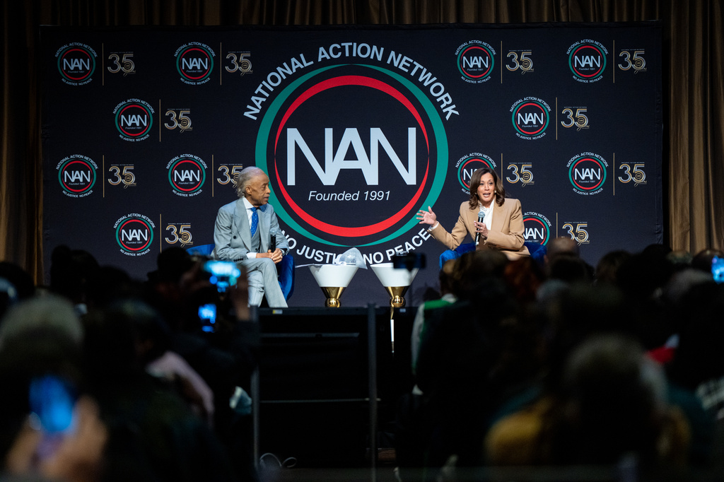 Kamala Harris, former Vice President and 2024 Presidential candidate, speaks with Reverend Al Sharpton during the National Action Network (NAN) Convention in New York, Friday, April 10, 2026. (AP Photo/Angelina Katsanis)