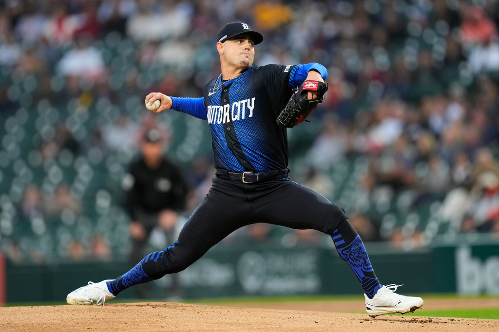 Detroit Tigers pitcher River Ryan throws against the Washington Nationals during the first inning of a baseball game Monday, Sept. 21, 2026, in Detroit. (AP Photo/Paul Sancya)