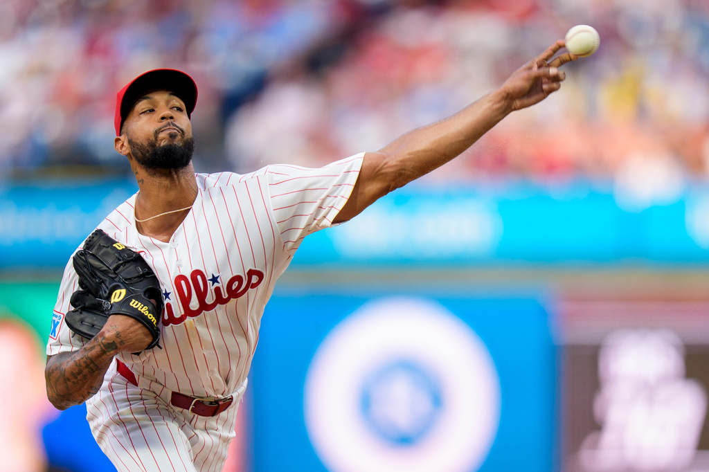 Philadelphia Phillies starting pitcher Cristopher Sanchez delivers during the first inning of a baseball game against the Miami Marlins, Monday, Aug. 17, 2026, in Philadelphia. (AP Photo/Chris Szagola)
